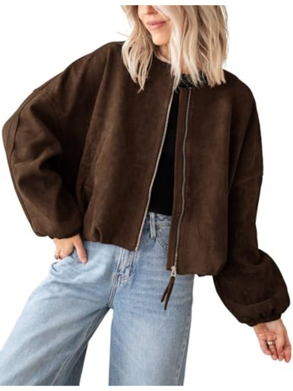 Faux Suede Bomber Jacket Cropped Zip Up Oversized Lightweight Coat Women
